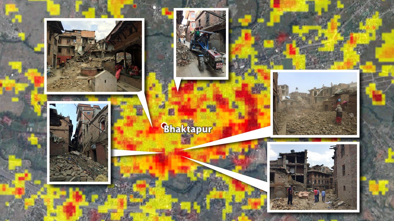 Damage proxy map of the 2015 Nepal earthquake generated using SAR data.