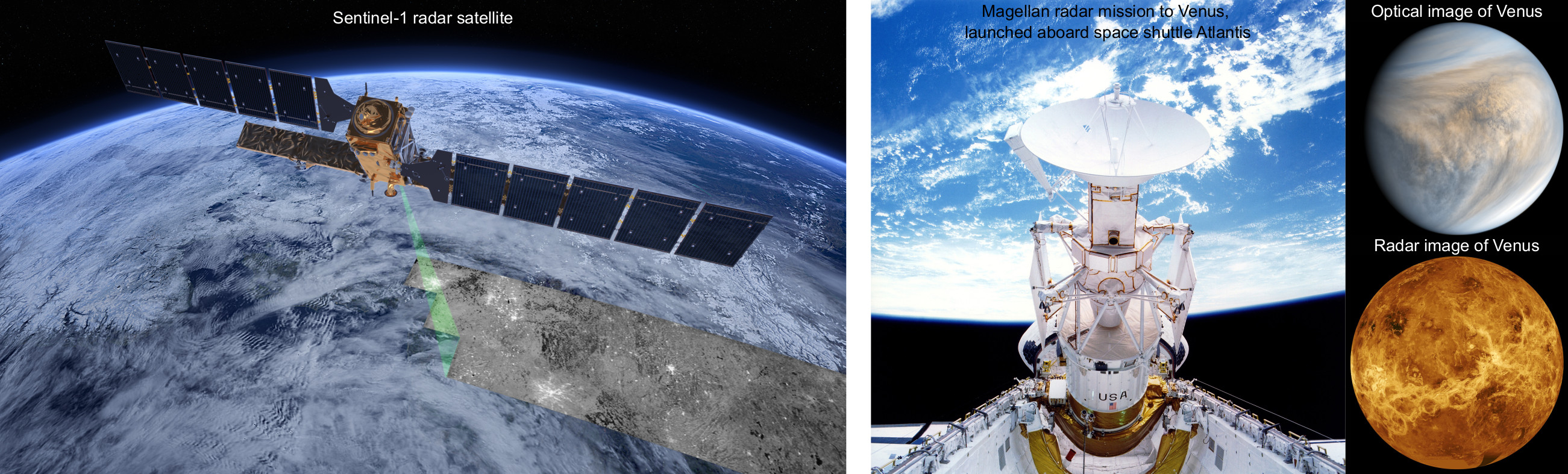 Left: Earth observation through clouds with synthetic aperture radar (Credit: ESA). Right: Magellan radar mission to Venus, launched aboard space shuttle Atlantis (Credit: NASA).